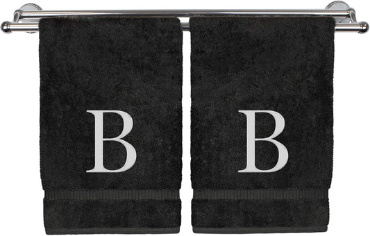Monogrammed Hand Towel, Personalized Gift, Set of 2- White Block Letter Embroidered Towel - Extra Absorbent 100% Turkish Cotton - Soft Terry Finish - Initial B Black