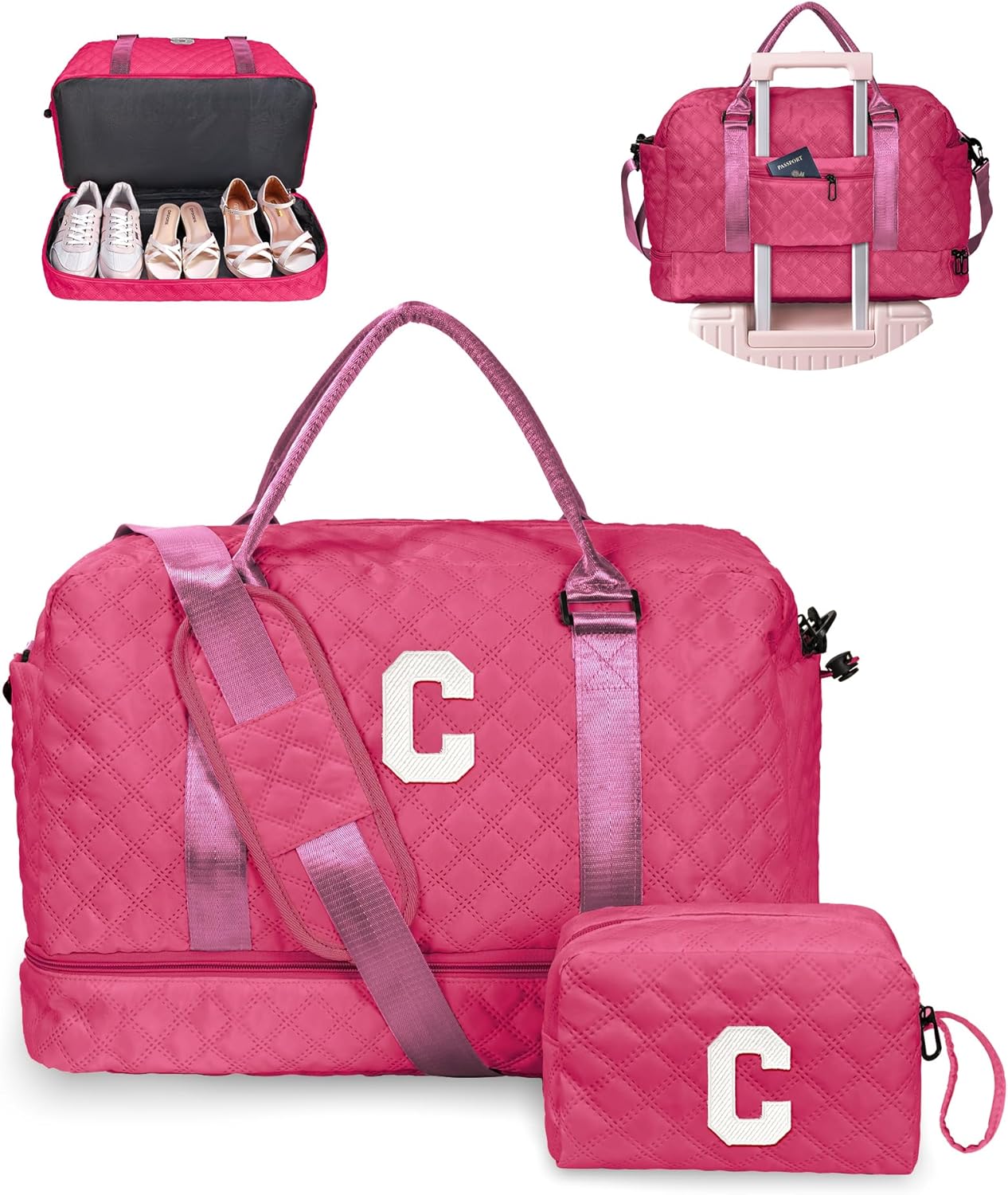 Monogrammed Gifts for Woman, Stuff for Teen Girls-Initial Travel Bag with Shoe Compartment, Weekender Bag, Monogram Overnight Bag for Women, Letter Travel Bag with Makeup Bag (Letter C)