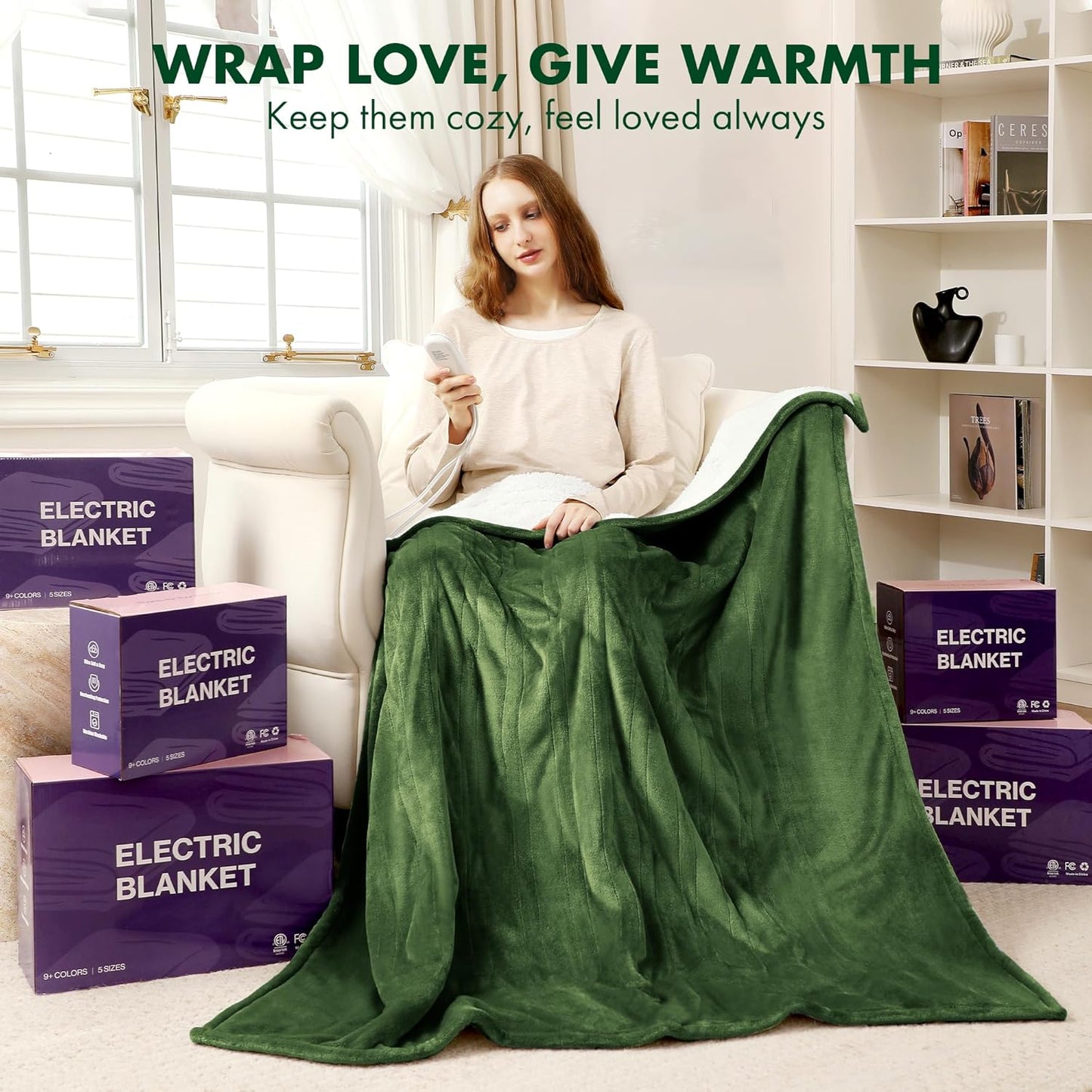 Electric Heated Blanket Twin 62" x 84" - Soft Flannel Sherpa Electric Blanket with 5 Heating Levels & 10 Hours Auto Off, Heating Blanket Twin as a Gift for Grandma and ETL Certified (Green)