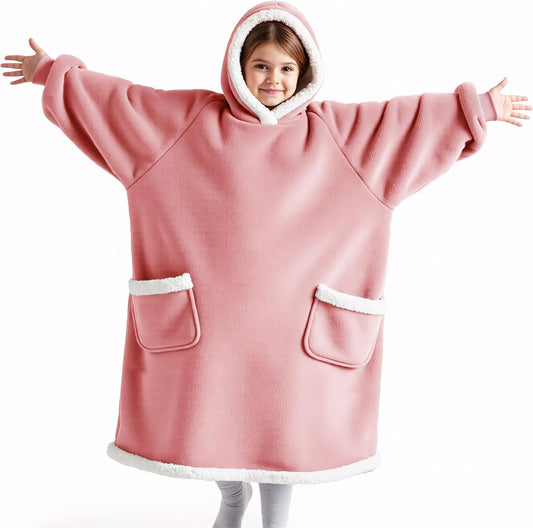 Bedsure Blanket Hoodie, Wearable Blanket for Adults & Kids as Gifts for Women Men, Birthday Gifts for Women Mom Girl Sherpa Oversized Hoodie, Mellow Rose, Kids