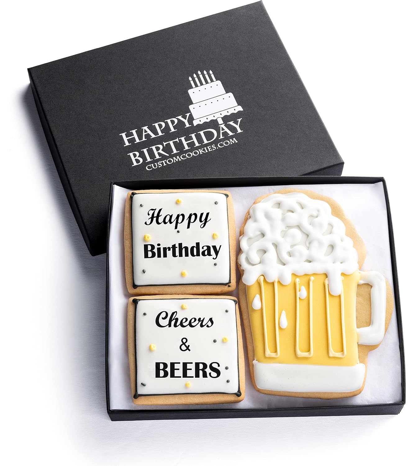 Happy Birthday Gift Basket Custom Sugar Cookies - Happy Birthday Cookies in Gift Box, delivery by Prime - Hand Decorated Kosher Treats for Men, Him, Husband - Bakery & Dessert Gifts as a Birthday Cake
