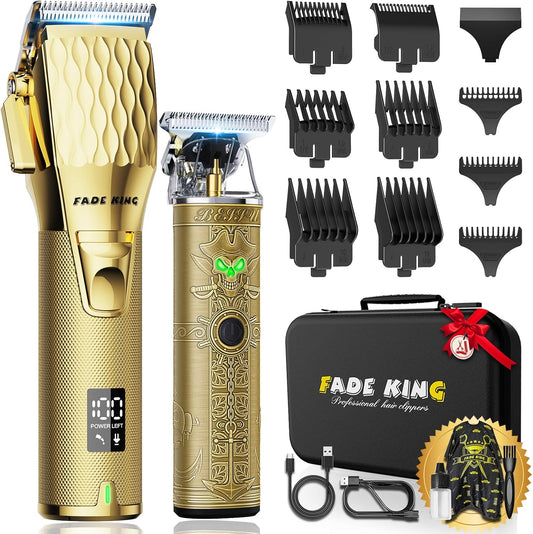 FADEKING® Professional Hair Clippers for Men - Cordless Hair Clippers, LCD Display Barber Clippers for Hair Cutting & Mens Grooming with Travel Case (Gold+Bronze)