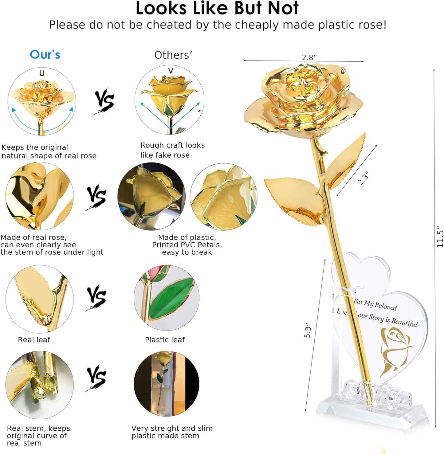 Sinvitron Gold Dipped Rose Real 24K Gold Rose, Hand Dipped One of a Kind Golden Roses, Romantic Gifts for Women on Birthday, Anniversary, Mother’s Day (Gold)