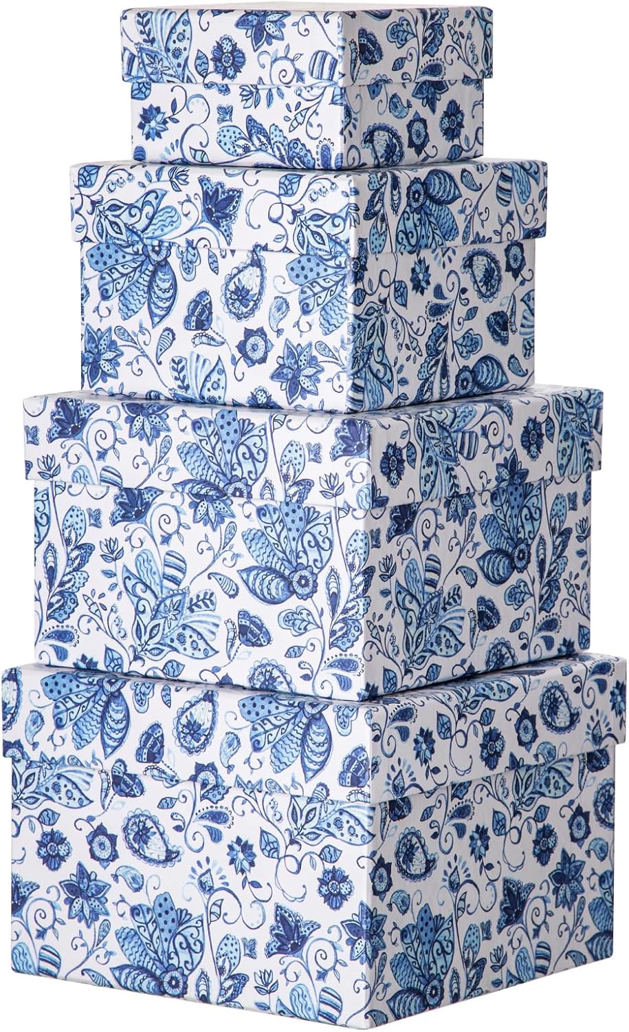 Square Gift Boxes with Lids 4PCS Blue Flower Print Gift Box for Presents Nesting Assorted Sizes Present Boxes for Christmas Birthday Valentines Party Gift Wrap