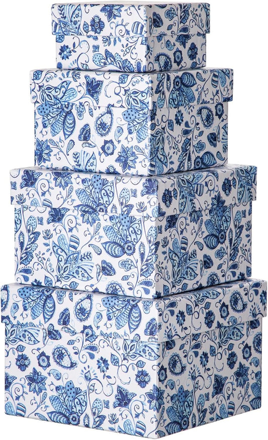 Square Gift Boxes with Lids 4PCS Blue Flower Print Gift Box for Presents Nesting Assorted Sizes Present Boxes for Christmas Birthday Valentines Party Gift Wrap