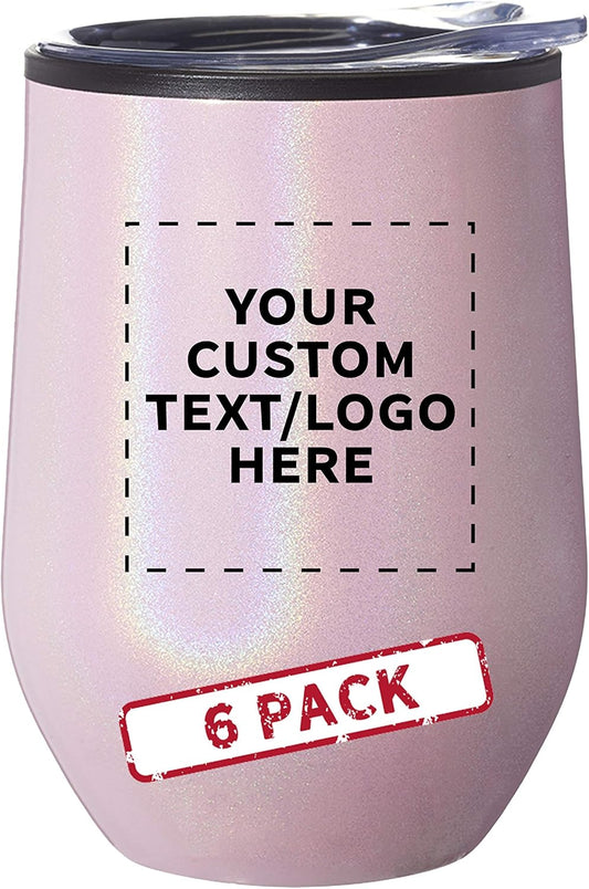 Custom Palmera Stemless Wine Tumblers with Lids 12 oz. Set of 6, Personalized Bulk Pack - Perfect for Wine, Cocktails, Other Hot & Cold Beverages - Iridescent Pink