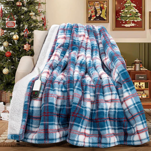 MAXEVE Faux Fur Heated Electric Blanket, 62"x84" Fast Heating Warming Throw Blankets with 8 Heating Levels & 8 Hours Auto Off with Over-Heat Protection & ETL Certified, Plaid Blue