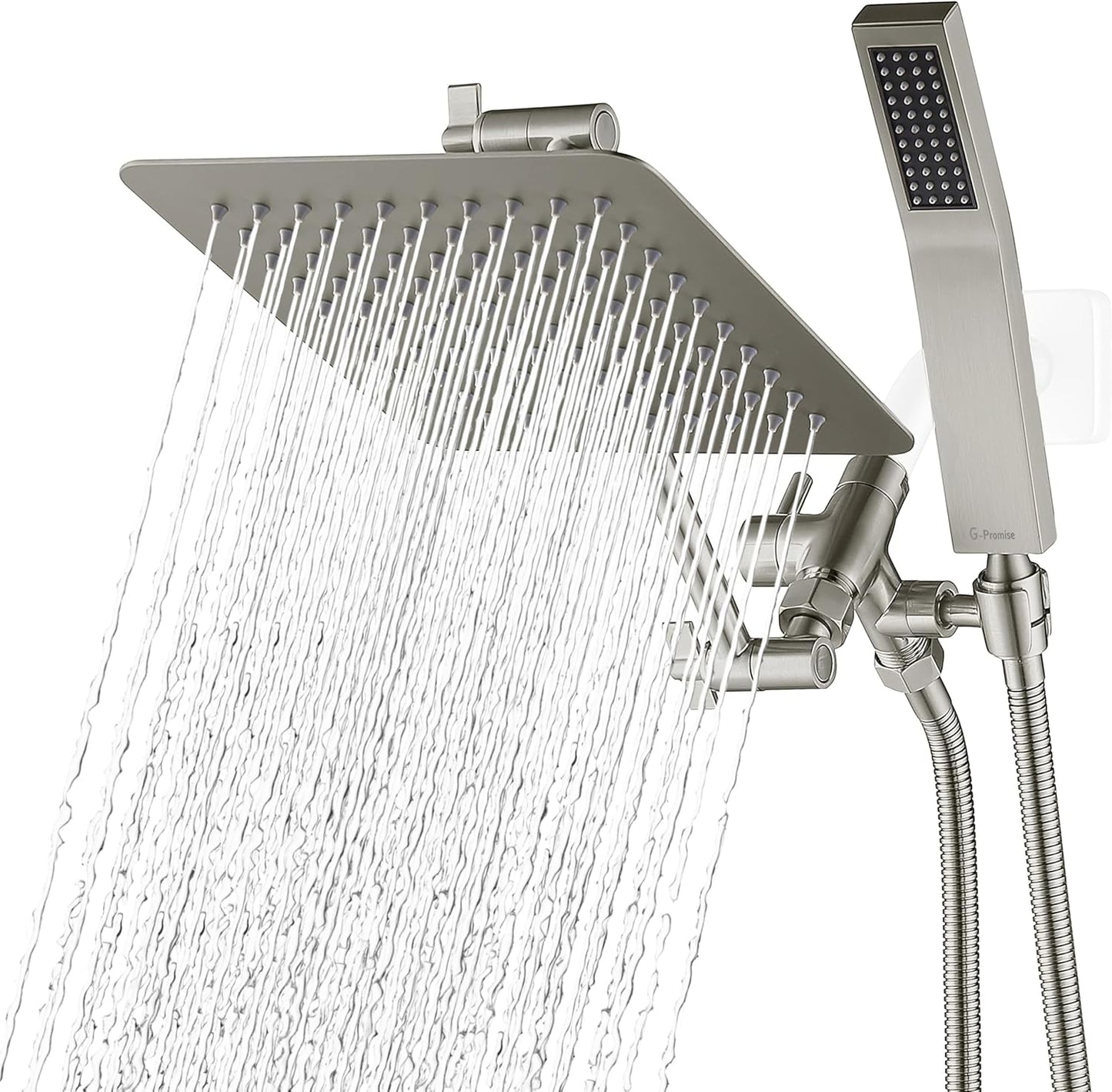 G-Promise All Metal 8 Inch Dual Square Shower Head with Handheld Spray Combo, Rain Shower Head, Adjustable Extension Arm, 3-Way Diverter, 71 Inch Extra Long Hose - A Bathroom Upgrade (Brushed Nickel)