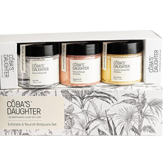 COBA'S DAUGHTER Women Gift Set – 3-Piece Body Care Spa Kit with Honey Turmeric Scrub, Almond Orange Scrub & Aloe Vera Gel – Self-Care Gift Box, Spa Gift Basket, Travel Size Beauty Set