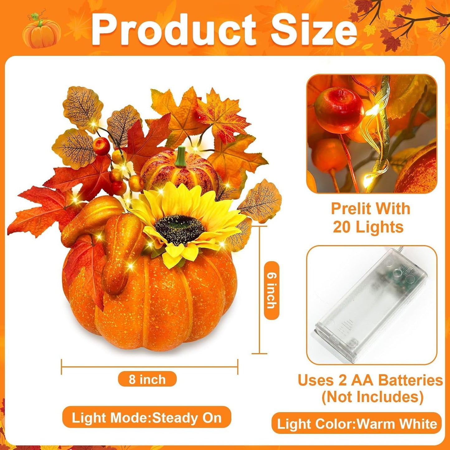 [Timer & Prelit] Thanksgiving Decorations Fall Decorations for Home, Artificial Fake Pumpkin with Maples Leaves Sunflower Berried 20 LED Lights Halloween Fall Centerpieces for Tables Home Porch Indoor