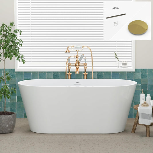 FerdY 59" Shangri-La Elite, Acrylic Freestanding Bathtub, Modern & Contemporary Design Soaking Tub with Polished Gold Pop-Up Drain and Minimalist Design Overflow, Glossy White, cUPC Certified