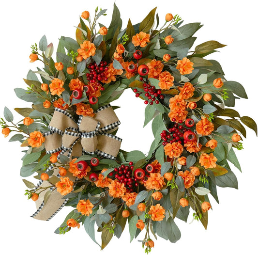 24 Inch Artificial Fall Wreaths for Front Door - Autumn Wreath with Large Red Berries, Fall Leaves, Burlow Bow - Farmhouse Decor for Thanksgiving, Harvest Festival, Indoor Outdoor Wall Porch Holiday
