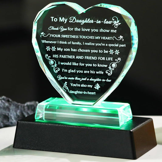 YWHL Daughter in Law Gifts from Mother in Law, Wedding Christmas Mothers Day Birthday Gifts for Daughter in Law Crystal Keepsake with Light Base