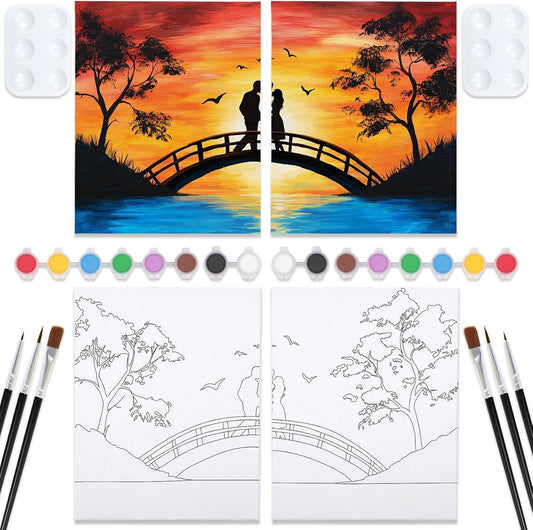 Nuberlic 2 Pack Couples Pre Drawn Canvas to Paint for Adults Couples on Sunset Bridge Predrawn Stretched Canvas Kit Art Set Birthday Valentine's Day 8"x10"