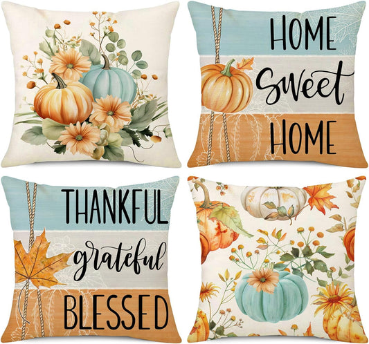NIGHTWISH Fall Pillow Covers 18x18 Set of 4 Thanksgiving Farmhouse Decorations Floral Pumpkin Outdoor Fall Decor Throw Pillow Covers Home Sweet Home Harvest Autumn Cushion Case for Sofa Couch