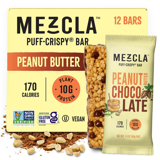 Mezcla Puff Crispy Protein Bars, Gluten Free & Vegan Protein Bars, 10g Protein, Alt for Crispy Rice Treat, Granola Bars & Breakfast Bars, Healthy Snacks for Adults, Peanut Butter Chocolate, 12 Pack