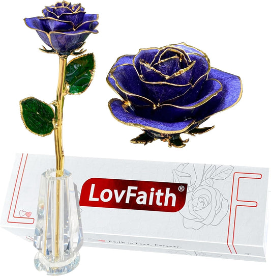Valentine Gift Real Rose Dipped 24K Gold with Crystal Stand, Best Anniversary Rose Gift for Her Wife Mother Birthday Christmas (C35. Mystery Purple - Thick Gold Blooming)