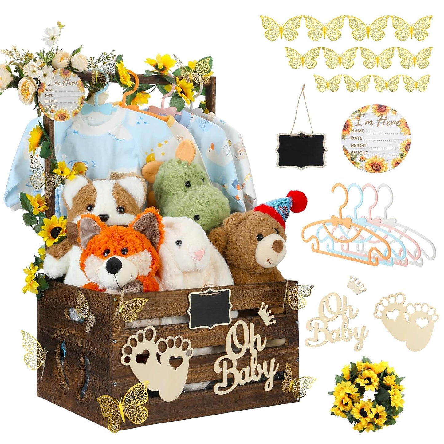 Large Sunflower Baby Shower Gifts Basket, Personalized Wooden Baby Crate with Handle and Butterfly Stickers for Newborn Boys Girls, Baby Shower Welcome Crate Closet for Pregnancy New Mom Parent