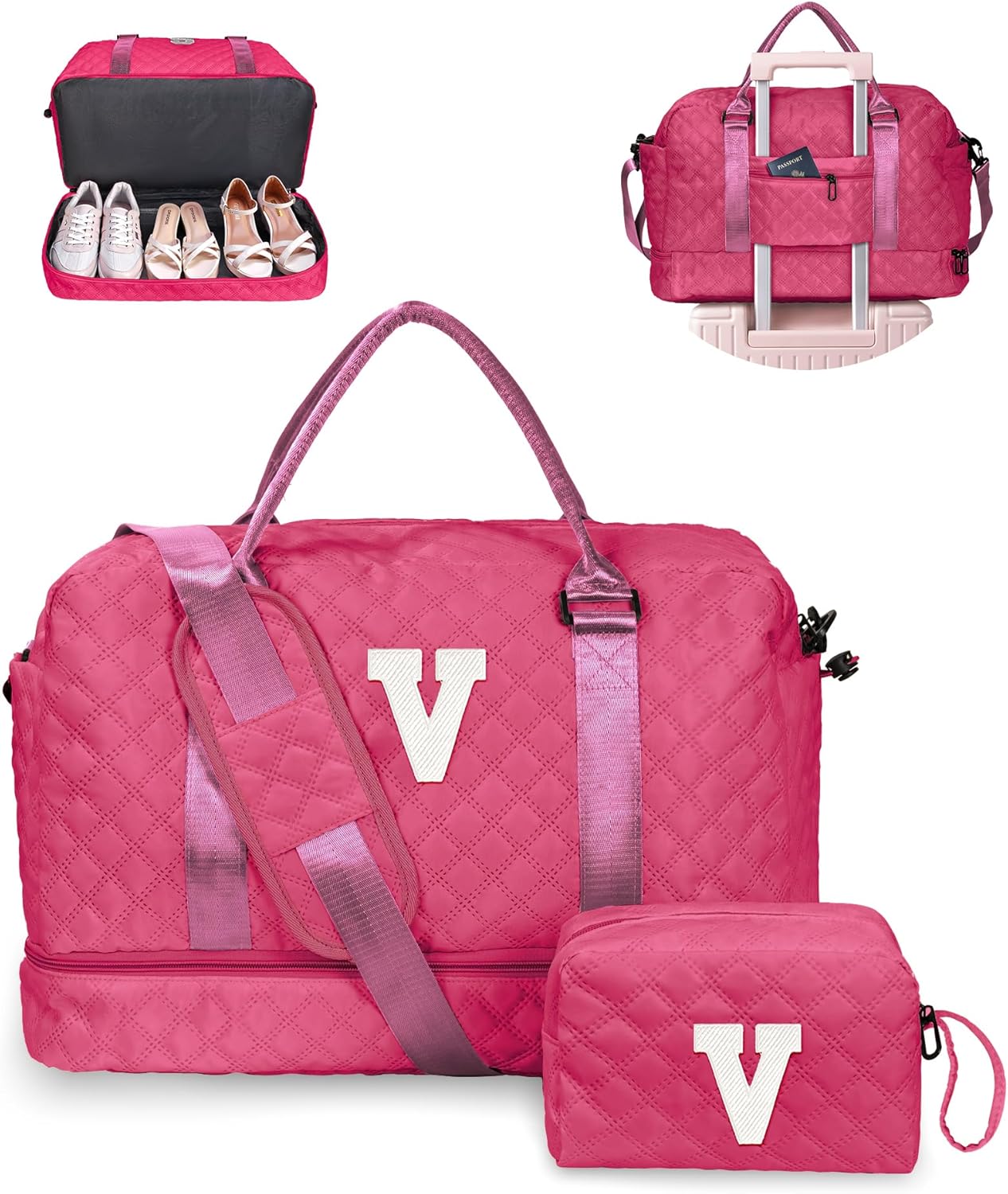 College Graduation Gifts,Birthday Gift-Initial Travel Bag with Shoe Compartment, Personalized Weekender Bag, Monogram Overnight Bag for Women, Letter Travel Bag with Makeup Bag (Letter V)