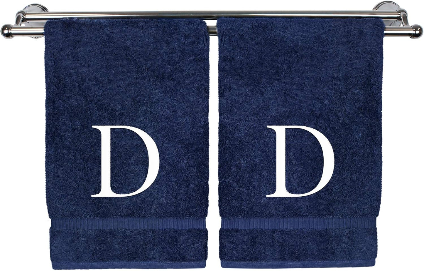 Monogrammed Hand Towel, Personalized Gift, Set of 2- White Block Letter Embroidered Towel - Extra Absorbent 100% Turkish Cotton - Soft Terry Finish - Initial D Navy