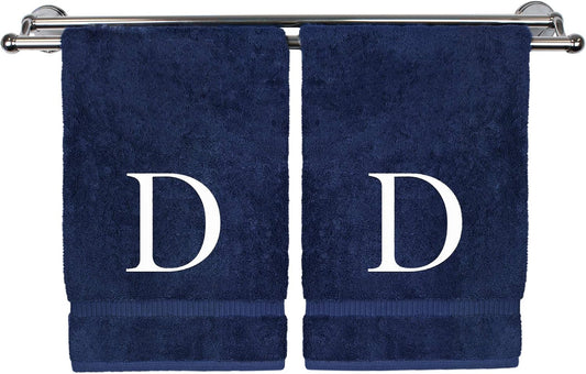 Monogrammed Hand Towel, Personalized Gift, Set of 2- White Block Letter Embroidered Towel - Extra Absorbent 100% Turkish Cotton - Soft Terry Finish - Initial D Navy
