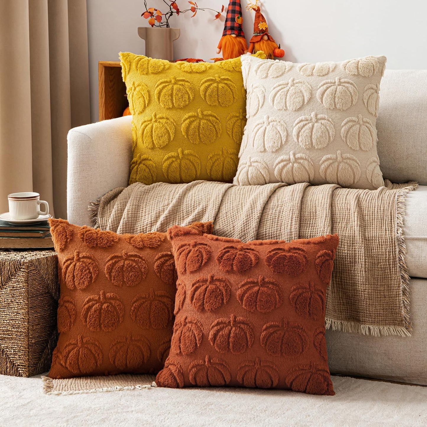MIULEE Fall Pumpkin Pillow Covers 18x18 Inch Set of 4 - Soft Cozy Plush Decorative Pillows with Embroidered Pumpkin Pattern Autumn Halloween Holiday Decor for Sofa Couch Bed Living Room,Rust-Yellow
