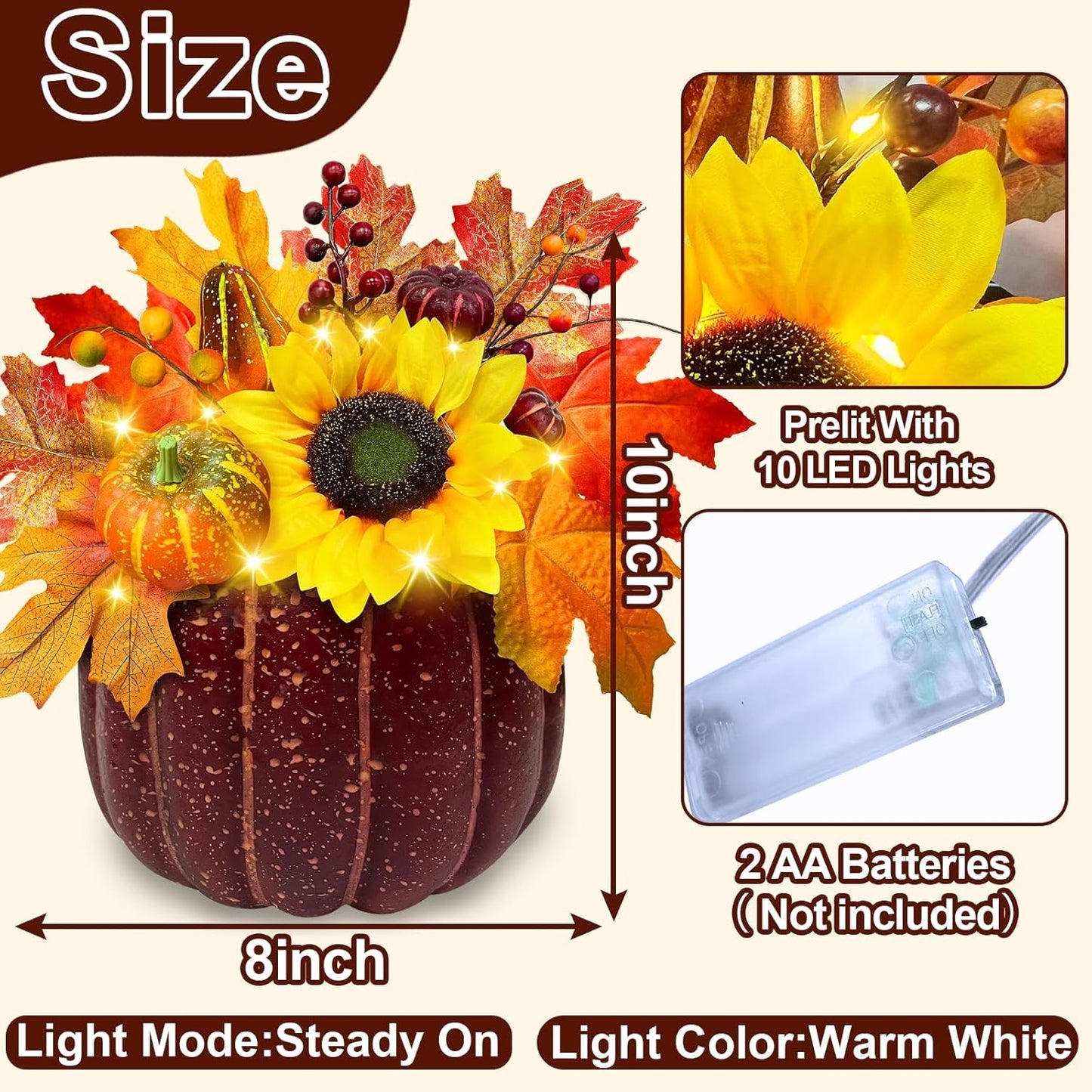 [ Timer & Prelit ]10 Inch Large Lighted Fake Pumpkin Fall Decoraitons for Home, Fall Table Decor Maples Leafed Pumpkins Sunflower Berried Battery Operated Fall Thanksgiving Decorations for Home Indoor