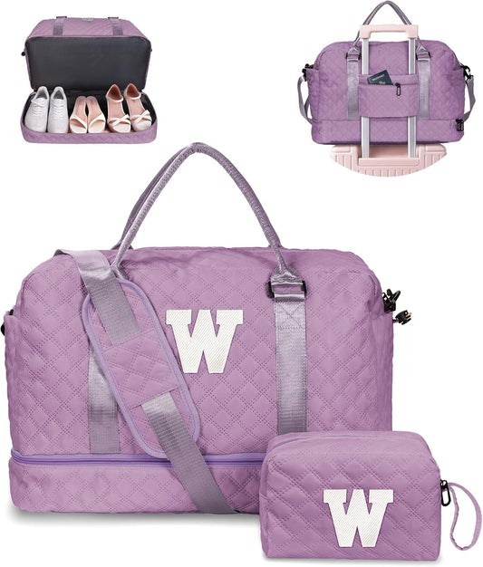 Women's Personalized Monogram Overnight Weekender with Shoulder Strap, Wet Pocket, Makeup Bag Gifts (Letter W)