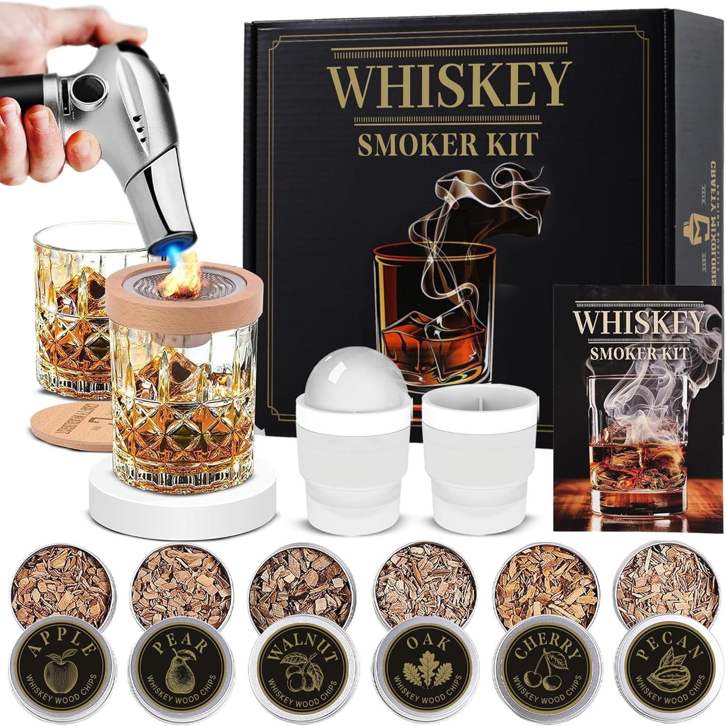 Whiskey Smoker Kit with Torch – 6 Wood Chip Flavors & 2 Glasses – Cocktail Smoker Infuser Set for Old Fashioned and Bourbon– Birthday Gifts for Men, Dad, Husband and Boyfriend(Butane Not Included)