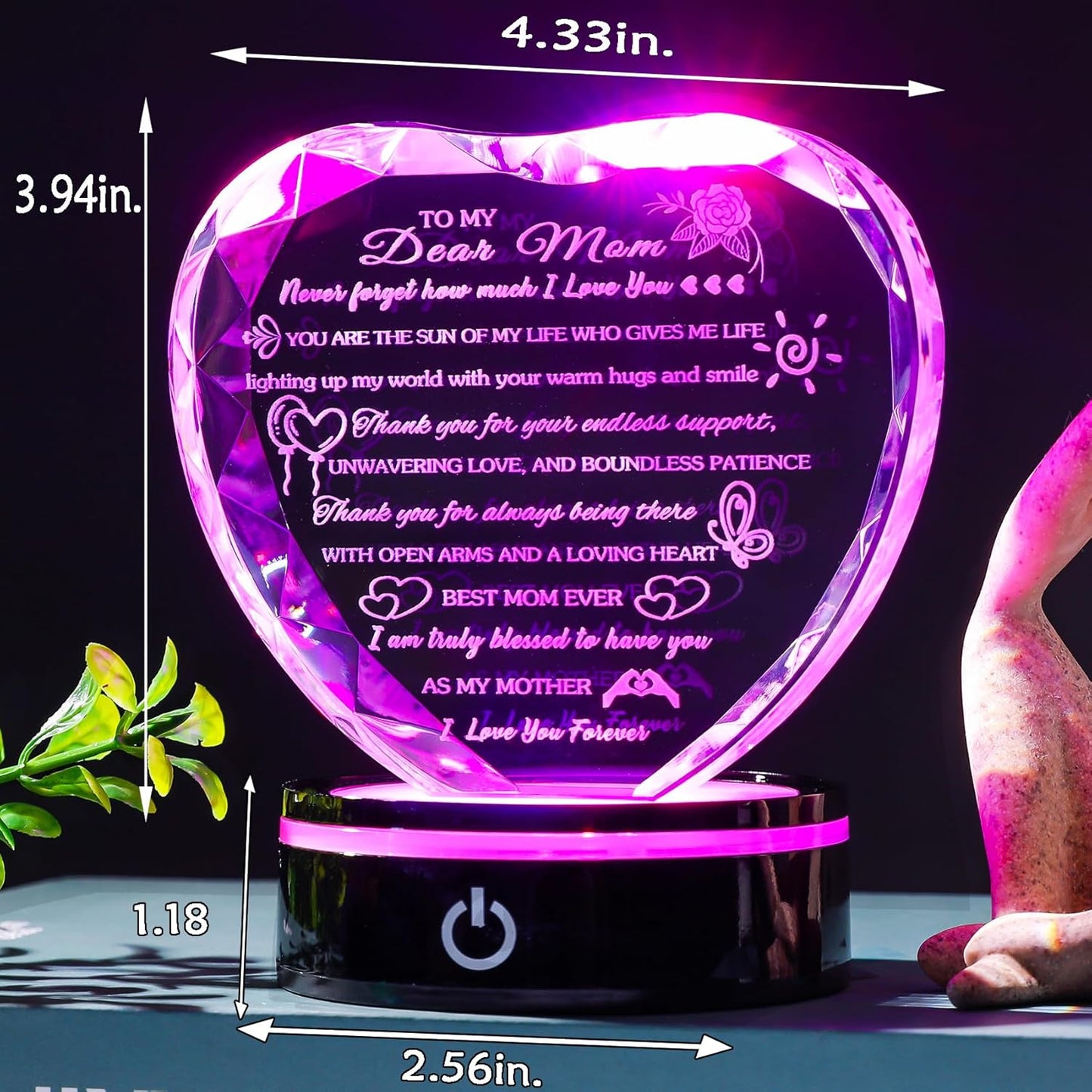 Gifts for Mom with Colorful LED Base Unique Moms Birthday Gifts from Daughter Son Crystal Heart Keepsakes to My Mom Gift for Mother's Day Thanksgiving Best Mother Ever Presents