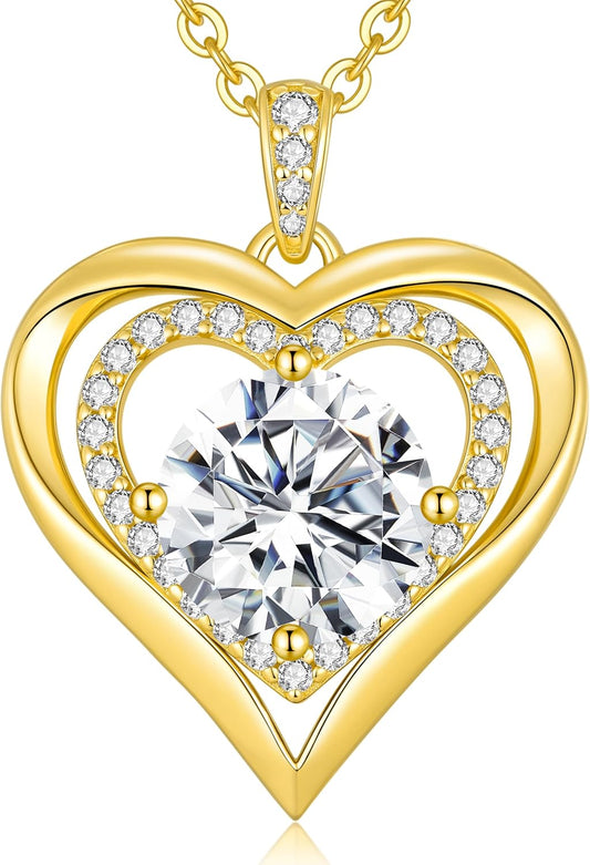Moissanite Heart Pendant Necklaces for Women, 925 Sterling Silver Gold Plating Lab-Created Gem Necklace Engraved with 'I LOVE YOU', Ideal Anniversary Birthday Christmas Valentine Engagements Mothers Day Jewelry Gifts for Mom Wife Girlfriend Daughter Her