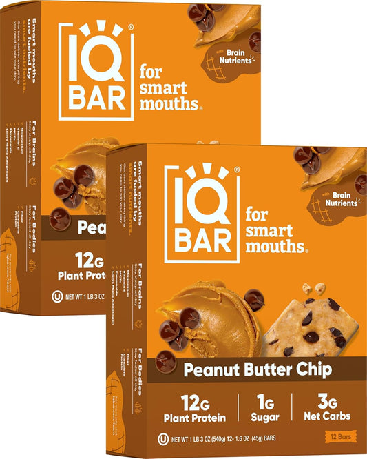 IQBAR Brain and Body Plant Protein Bars - Peanut Butter Chip - 24-Count Low Carb - Gluten Free, High Fiber, Vegan Snacks - Low Sugar Meal Replacement