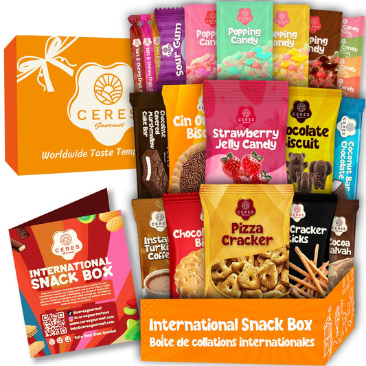 International Snack Box Variety Pack, 12 Different Snacks with 15+ Pieces Count Premium Foreign Rare Snacks and Candies, Sweet & Sour Candy Pack for Christmas Thanksgiving or More