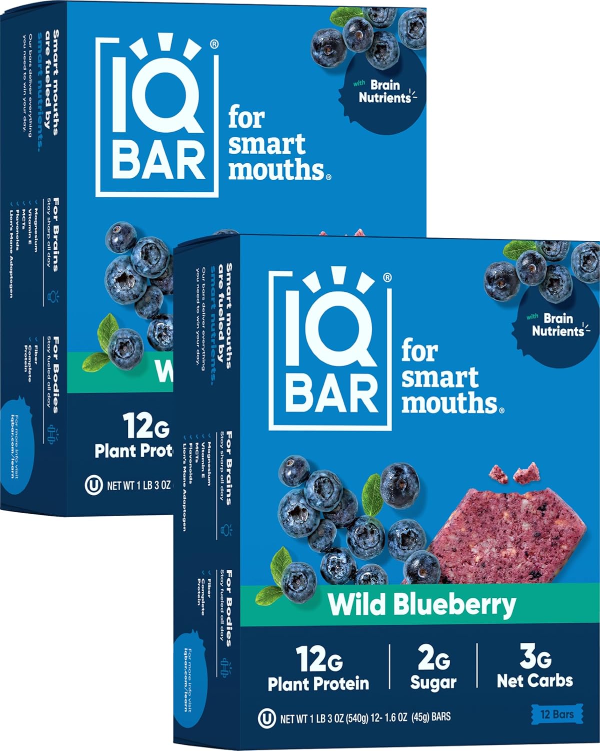 IQBAR Brain and Body Plant Protein Bars - Wild Blueberry - 24-Count Low Carb - Gluten Free, High Fiber, Vegan Snacks - Low Sugar Meal Replacement