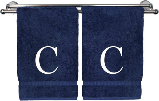 Monogrammed Hand Towel, Personalized Gift, Set of 2- White Block Letter Embroidered Towel - Extra Absorbent 100% Turkish Cotton - Soft Terry Finish - Initial C Navy