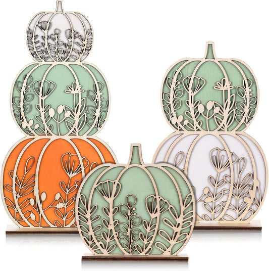 Leinuosen Fall Pumpkin Decorations Wooden Tabletop Signs, Autumn Table Centerpieces Pumpkins of 3 Size Fall Tray Decor for Home Room Decor Thanksgiving Halloween Harvest Decoration (Natural Color)