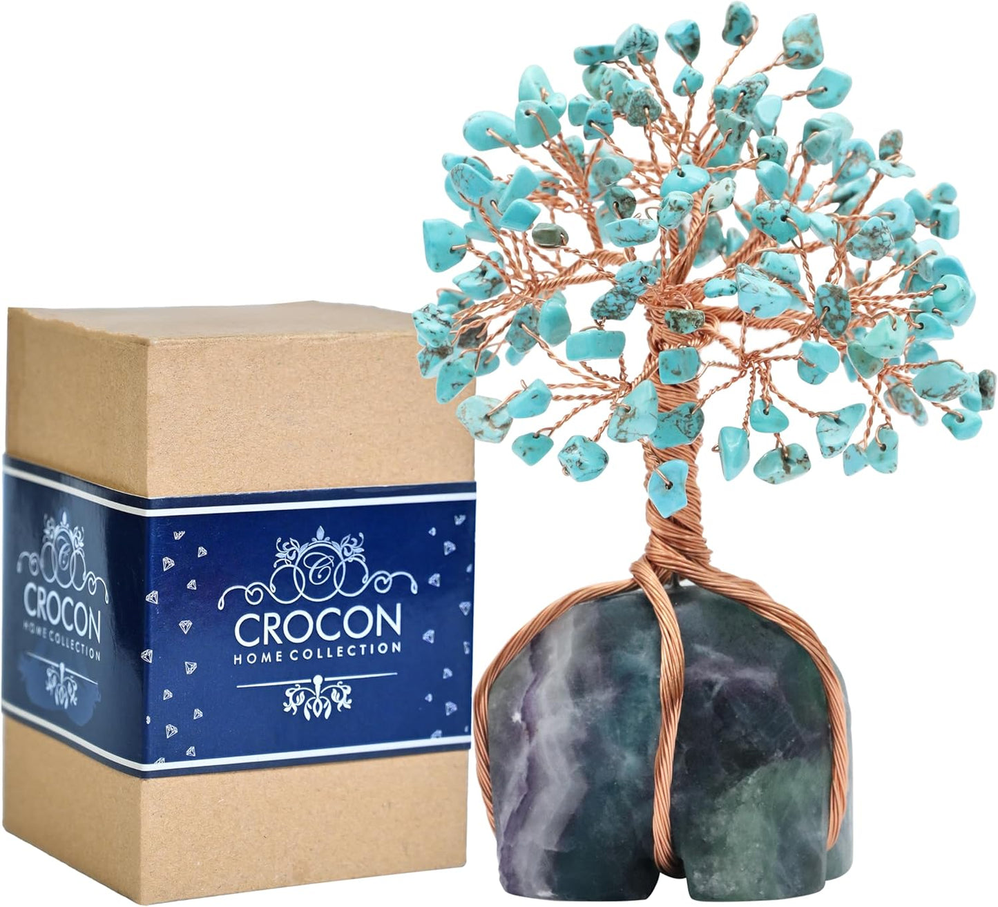 Crocon Howlite Green Turquoise Gemstone Money Tree with Fluorite Rough Wire Wrapped Base | Feng Shui Bonsai | Ornament Figurine | Chakra Balancing | Reiki Crystal Healing | Spiritual | Decor Size 5-6"