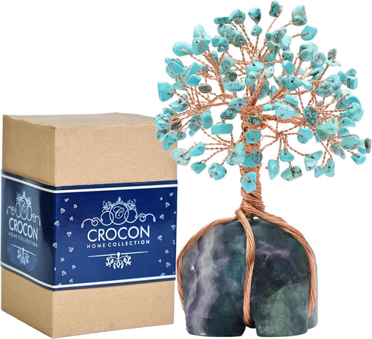 Crocon Howlite Green Turquoise Gemstone Money Tree with Fluorite Rough Wire Wrapped Base | Feng Shui Bonsai | Ornament Figurine | Chakra Balancing | Reiki Crystal Healing | Spiritual | Decor Size 5-6"
