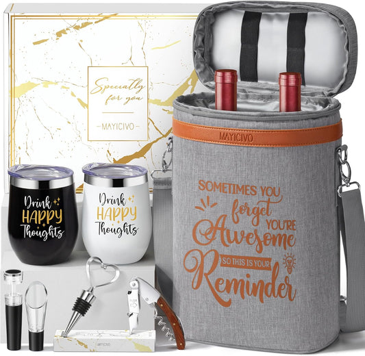 Wine Lovers Gifts for Women Wine Gifts Baskets, Birthday Gifts Mothers Day Gifts for Mom Sister Friend Dad Coworker Girlfriend Housewarming Gifts Set, Wine Cooler Bag Wine Tote Carrier w/Wine Tumblers