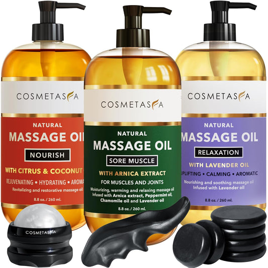 Cosmetasa Spa Gift Set for Women & Men - Relaxation Lavender Massage Oil, Citrus Coconut Oil, Arnica Sore Muscle Massage Oil with Hot Stones, Roller Ball and Thumb Saver Massage Tools