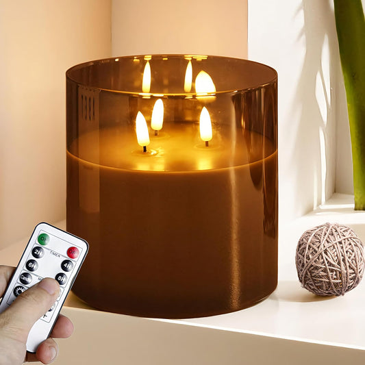 NICEME Extra Large 3 Wick Battery Operated Candle, 6"x6" Big Clear Glass Flameless Candles with Remote, Real Wax Flickering Led Pillar Fake Giant Candle for Wedding Party Holiday Home Decor, Grey
