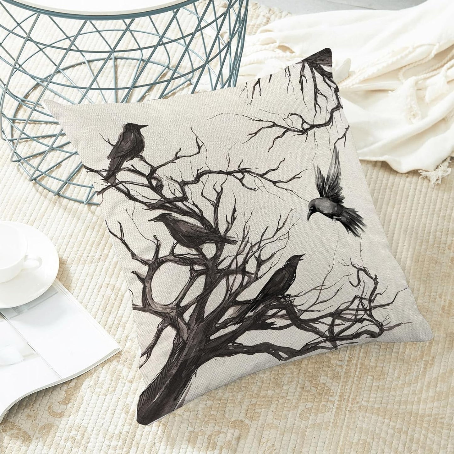 Halloween Pillow Covers 16x16 Inch Set of 2 Black Crows Branch Decorative Farmhouse Throw Pillow Covers Outdoor Halloween Decor Linen Cushion Case for Couch Home Sofa Decorations
