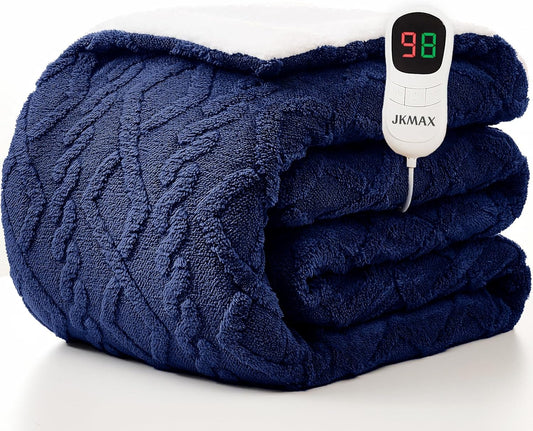 JKMAX Heated Electric Blanket Twin Size-62"x84" Heating Blanket with 10 Heating Levels & 5 Time Settings Over-Heat Protection，Winter Warmer for Adults with ETL Certification（Navy Blue）