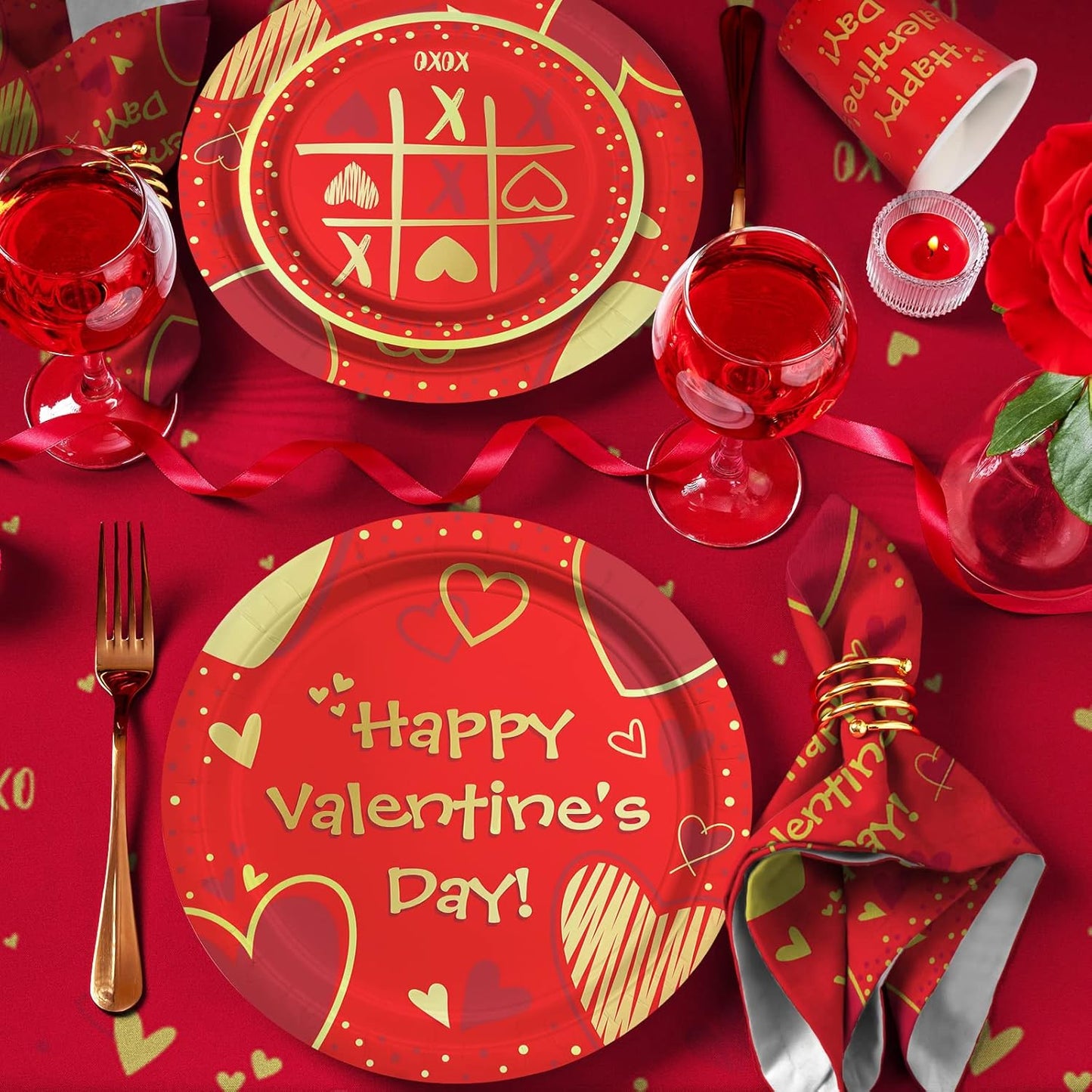 Valentine's Day Party Supplies Red Heart Love Disposable Paper Plates Napkins Cups plastic Tablecloth for Valentine's Day, Engagements, Anniversary, Birthday Party Serve 25