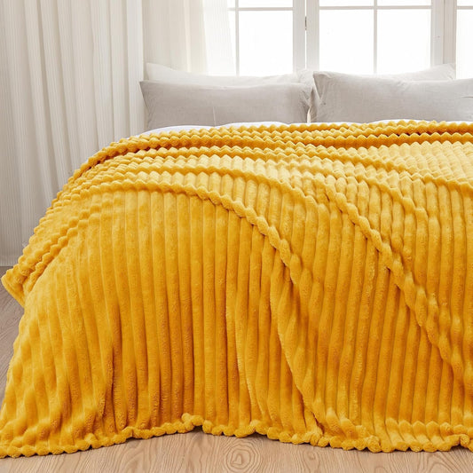 NEWCOSPLAY Super Soft Queen Blanket Mustard Yellow Premium Silky Flannel Fleece 3D Ribbed Jacquard Lightweight Bed Blanket All Season Use (Mustard Yellow Ribbed, Queen(90"x90"))