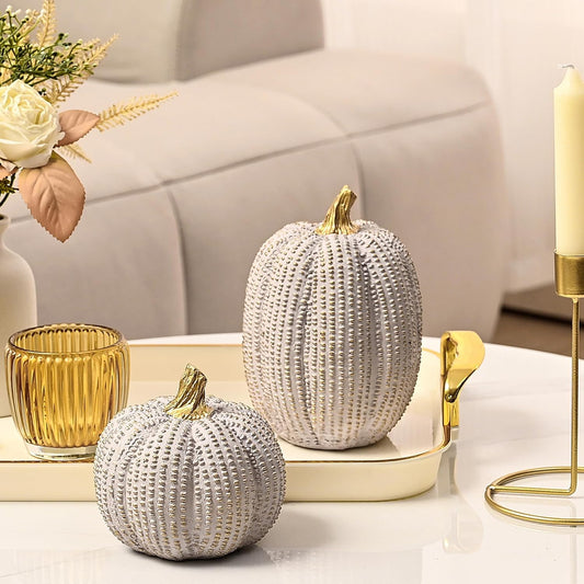 Fall Pumpkin Decor, Resin Pumpkin Figurine Set of 2, Decorative Fake Pumpkin for Decorating, Light Gray and Gold Glitter Pumpkins with Dots for Home Table Centerpiece, Wedding, Thanksgiving