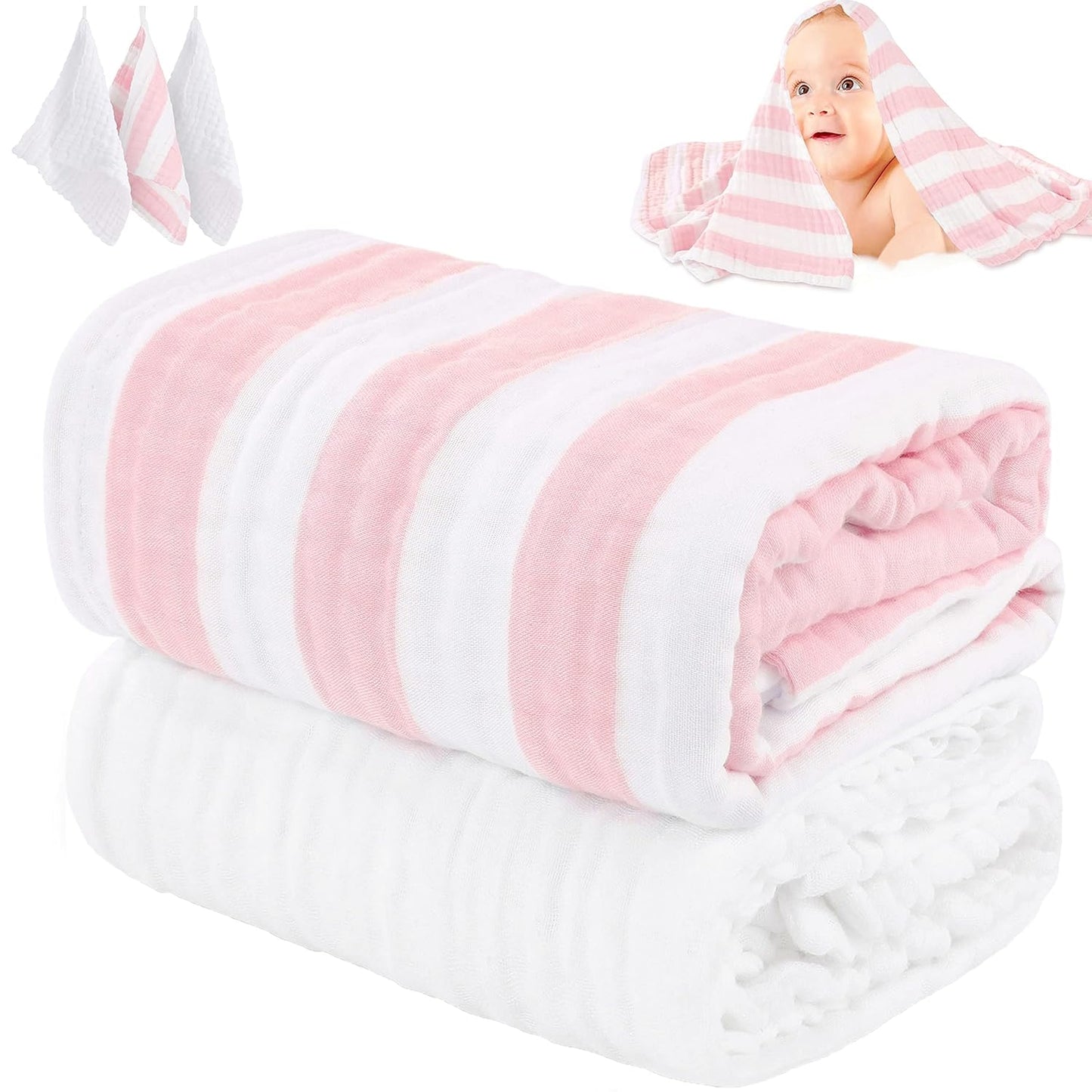 Muslin Baby Towel 5 Pieces Set,Ultra Soft and Absorbent for Baby's Delicate Skin, Ideal for Newborns to Toddlers, Perfect for Baby Registry or as a Shower Gift. (Pink)