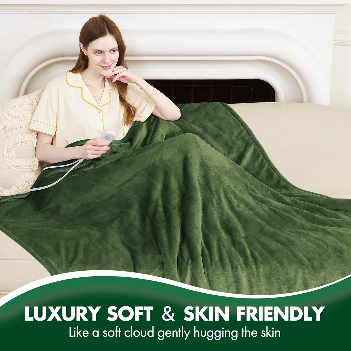 Full Size Electric Blanket 72" x 84" - Fluffy Ultra Soft Flannel Full Heated Blanket with 6 Heating Levels & 10 Hours Adjustable Timer, Fast Heating and Electric Blanket for Office (Green)