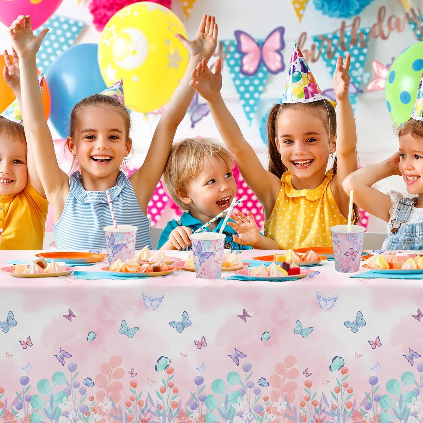 Butterfly Birthday Party Supplies Disposable Paper Plates Napkins Cups Tablecloth and Banner for Butterfly Girl Party Birthday Decorations, Serve 25
