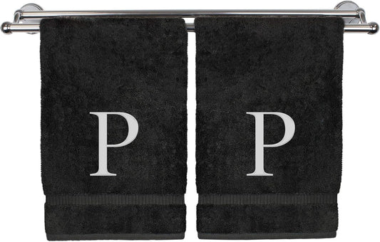 Monogrammed Hand Towel, Personalized Gift, Set of 2- White Block Letter Embroidered Towel - Extra Absorbent 100% Turkish Cotton - Soft Terry Finish - Initial P Black